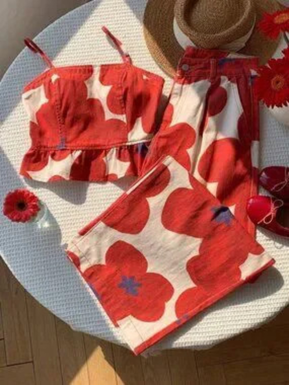 ZARA Red Boho Women's Floral Ruffle Hem Camisole Top and Pants Denim Set